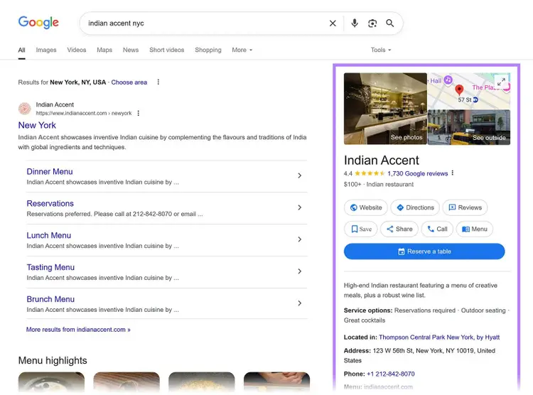 Google search result for “Indian Accent NYC” with the restaurant’s Business Profile card