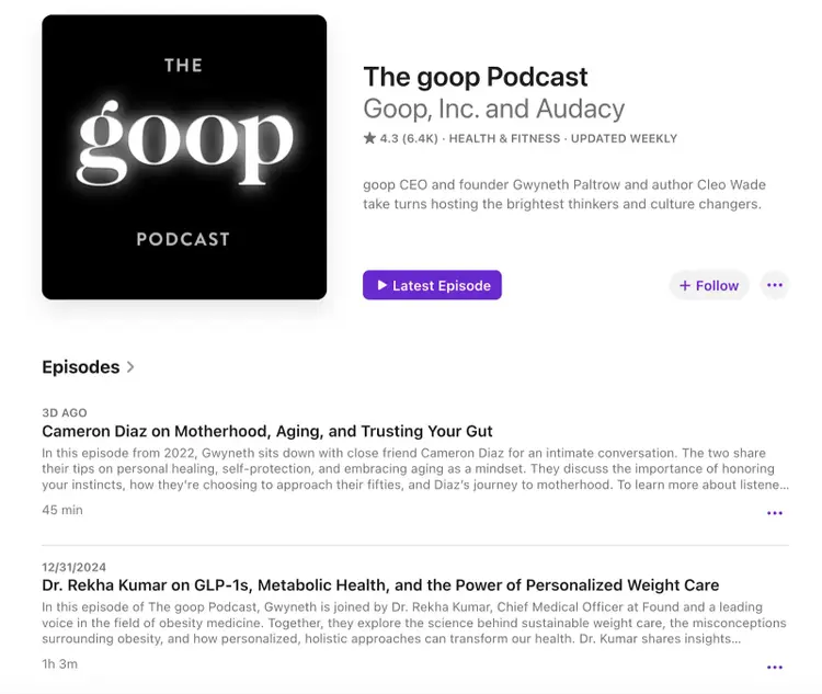 The Goop podcast page.