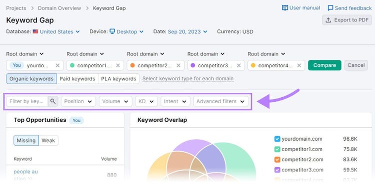 Filters section highlighted in Keyword Gap tool