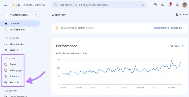 "Removals" selected under “Indexing” section in Google Search Console menu