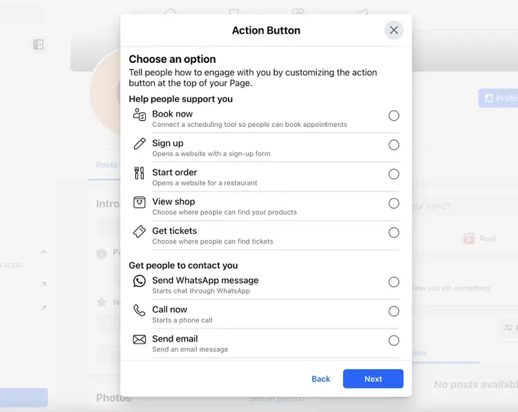 action buttons include book now, sign up, start order, view shop, get tickets, send WhatsApp message, call now, send email, and more