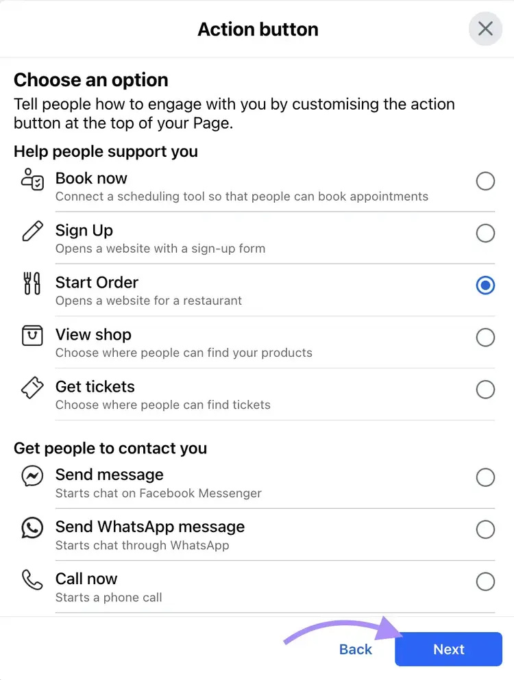 "Start Order" CTA selected from the list of CTAs