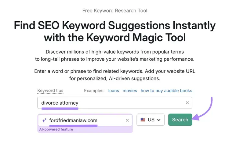 Keyword Magic Tool start with "divorce attorney" entered as the term, a domain entered, and "Search" clicked.