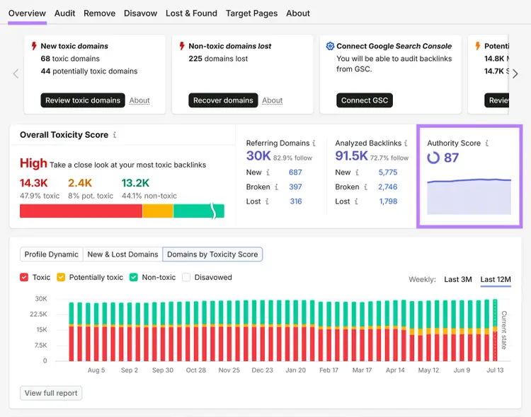 Backlink Audit overview showing Authority Score and backlink profile metrics