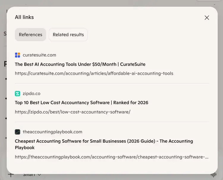 Microsoft Copilot All links panel showing reference sources for an accounting software response