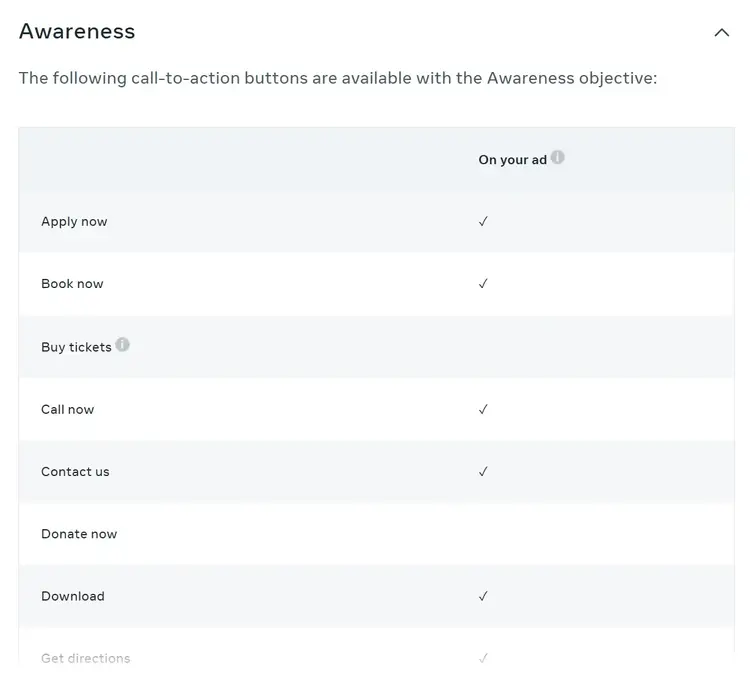 Call-to-action buttons under Awareness objective in Facebook ads