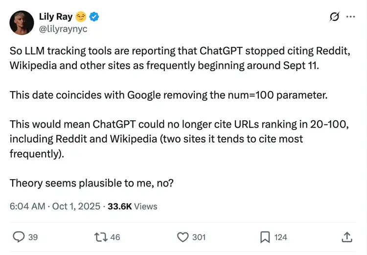 Lily Ray discussing the num=100 parameter removal