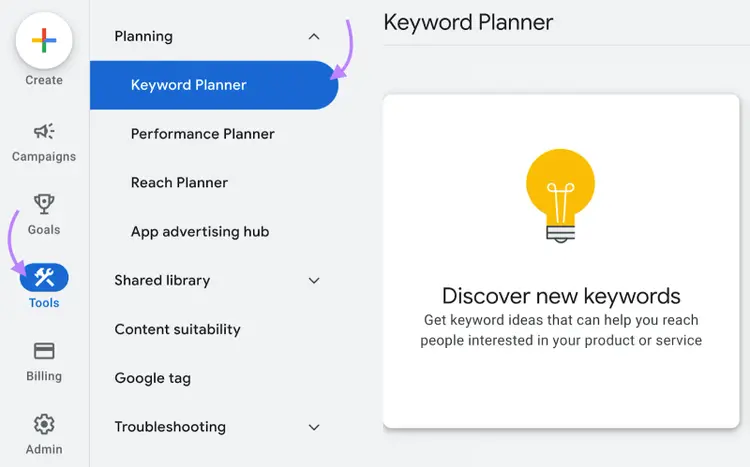 Navigating to "Keyword Planner" in Google Ads menu