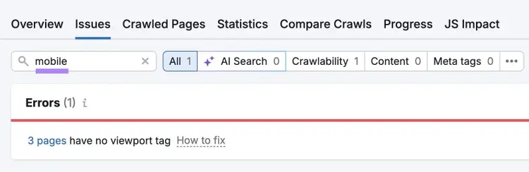 "mobile" entered on the "Issues" tab of the Site Audit tool showing pages that don't have a viewport tag.