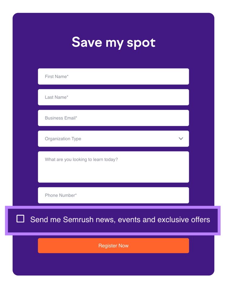 "Send me Semrush news, events and exclusive offers" checkbox in Semrush's opt-in form