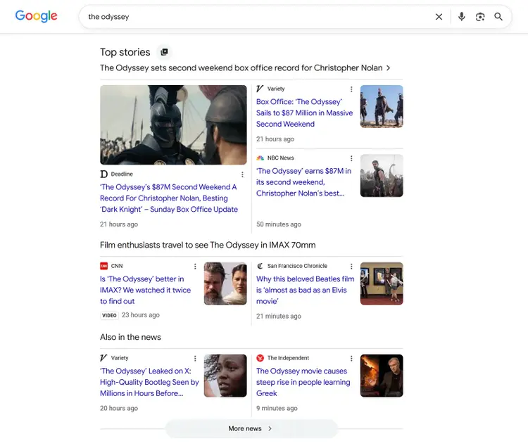 Google Top Stories results for The Odyssey with news articles from Deadline, Variety, NBC News, CNN, and other publishers