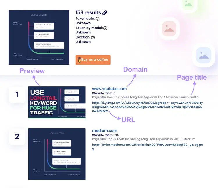 A reverse image search on Copyseeker with each result including an image preview, domain, page title, and URL.