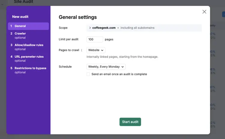Site Audit setup dialog: crawl coffeegeek.com, limit 100 pages, weekly schedule
