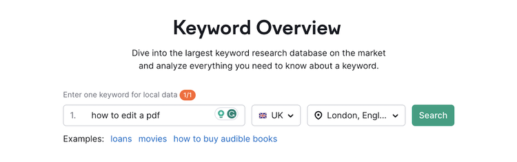 search for "how to edit a pdf" in Keyword Overview tool