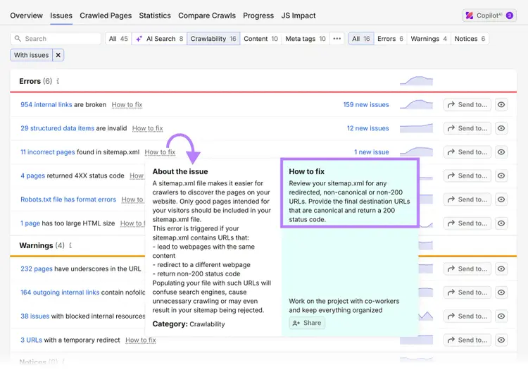 Semrush Site Audit issue details explaining an incorrect sitemap URL and how to fix it