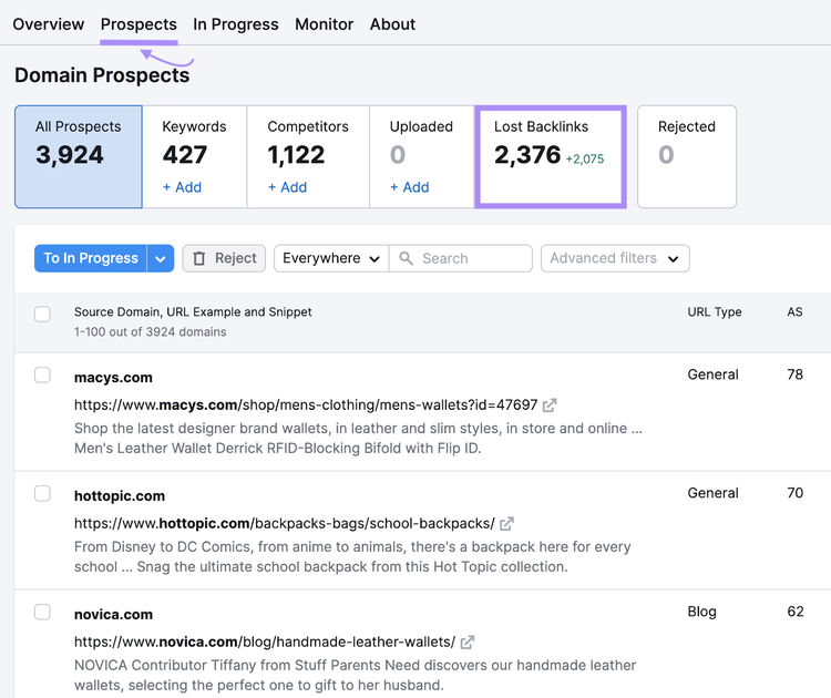 “Lost Backlinks” metric shows 2376 lost backlinks in Link Building tool