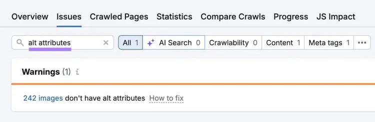 The "Issues" tab on Site Audit with "alt attributes" entered showing a list of related warnings.