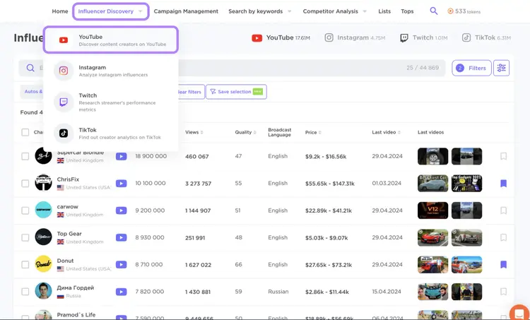 Influencer Discovery tool showing YouTube creators with subscriber counts and engagement metrics