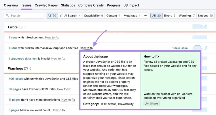 Site Audit Issues with "How to fix" clicked next to an error showing more information about how to fix the issue.