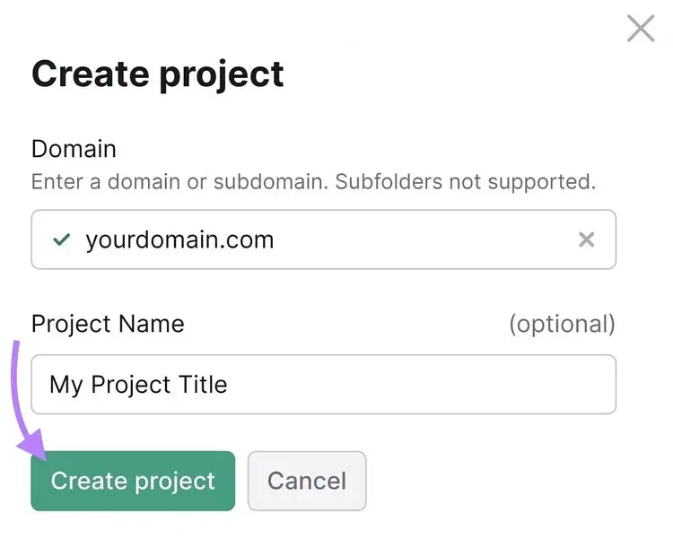 Semrush Site Audit project creation with domain input and project name field