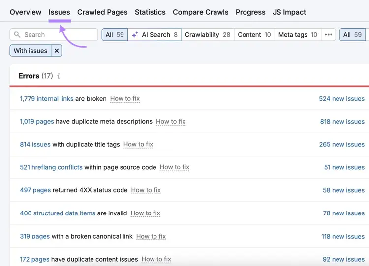The "Issues" tab on Site Audit showing a list of site errors.