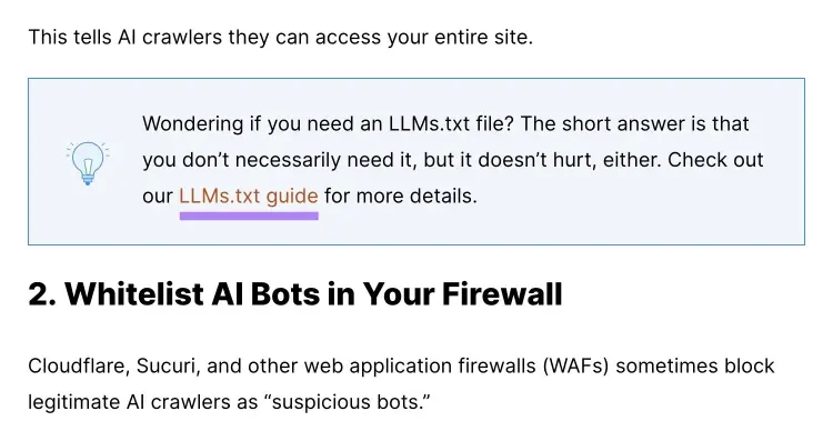 A blog post by Backlinko with the anchor text, "LLMs.txt guide" highlighted.