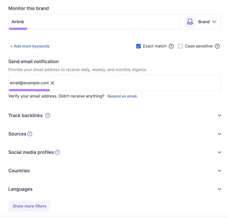 Creating a query for "Airbnb" in Brand Monitoring app