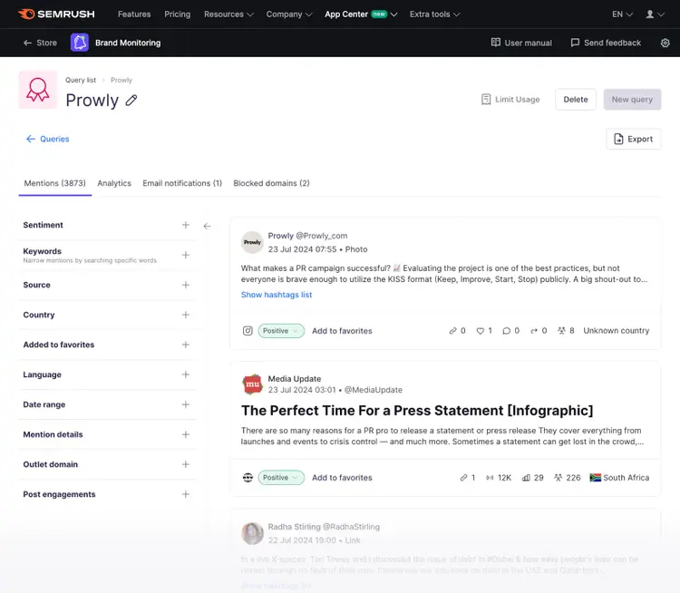 Brand Monitoring tool Prowly showing 183 mentions with backlinks 81 and reach 189.26K