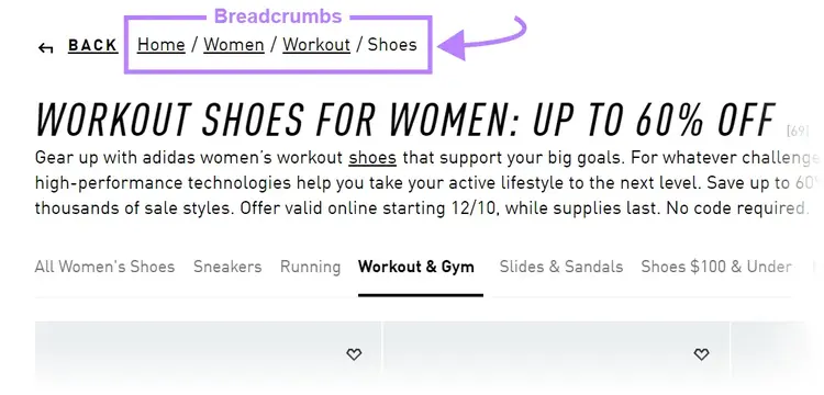 Example of breadcrumbs on Adidas's website