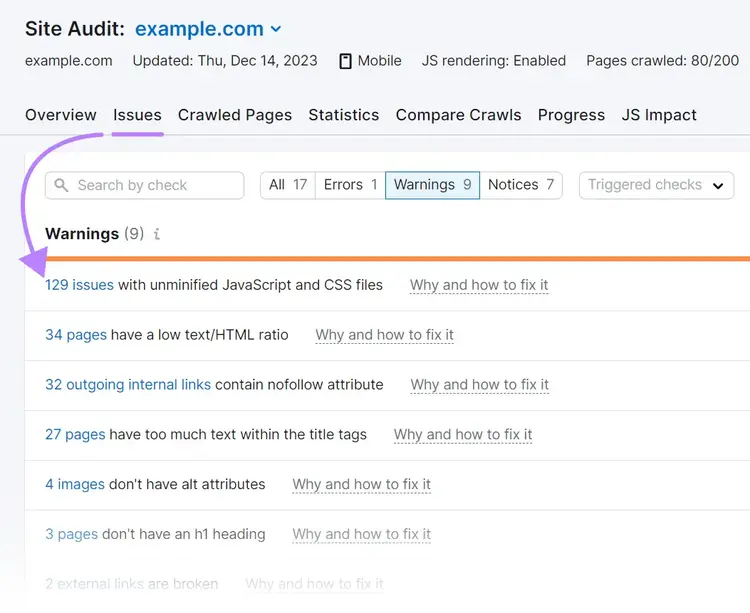 Site Audit issues dashboard