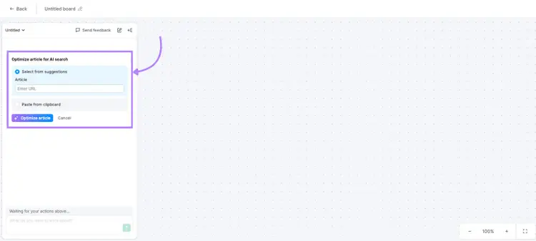 AI Search Optimizer article selection panel showing options to paste a URL or select from your Board.