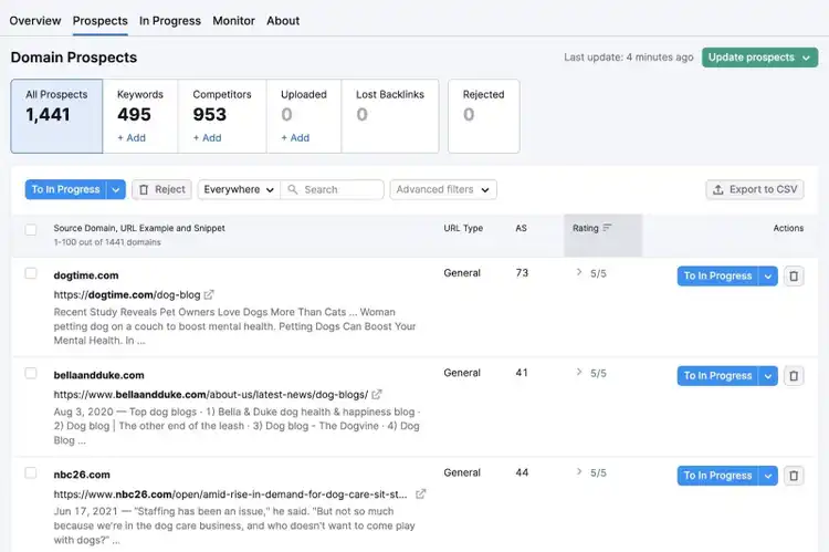 "Domain Prospects" list in Link Building Tool