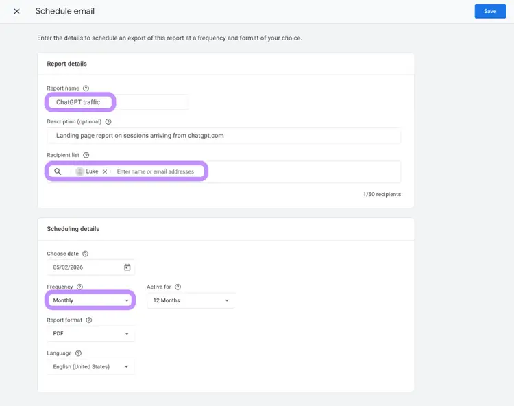setting up a recurring report in GA4