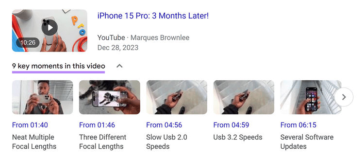 Video result with key moments tab expanded showing time stamps to different parts of video.