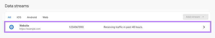 Google Analytics web data stream within the google analytics admin section.