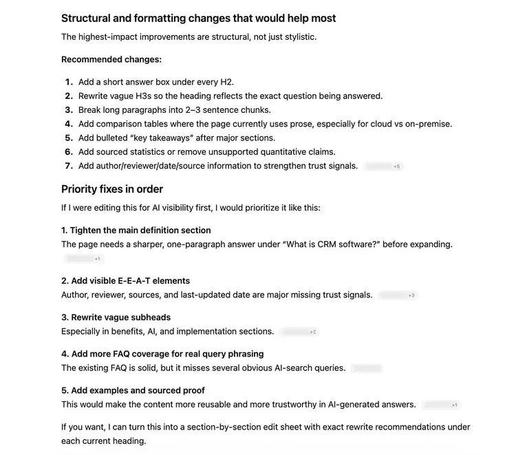 A list of AI-content optimization ideas for a blog post generated on ChatGPT.