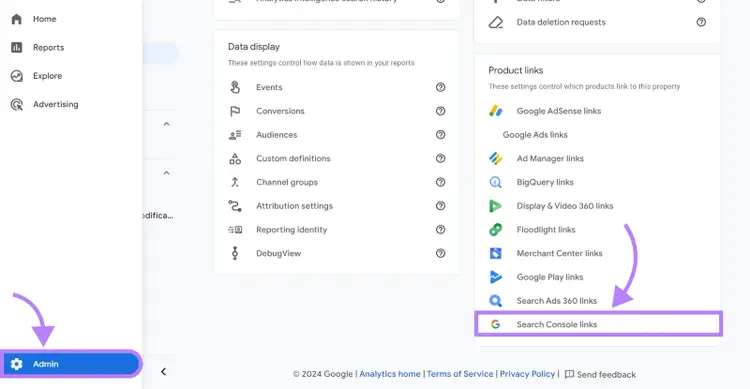 Google Analytics 4 dashboard Admin page with Admin menu option highlighted and arrow pointing to Search Console Links option in the Product links section