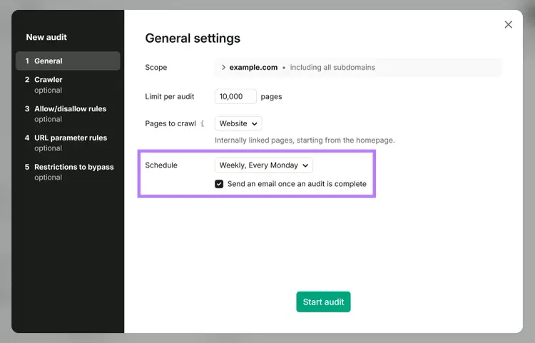 Semrush Site Audit settings showing a weekly Monday crawl schedule and email notification option