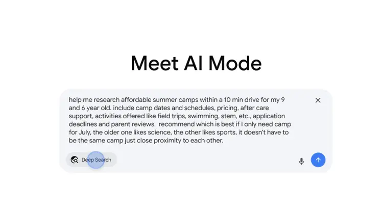 Google search result with Meet AI Mode answering query about summer camps