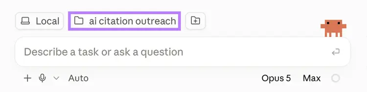 Claude Code interface with the “ai citation outreach” project folder selected as the working folder