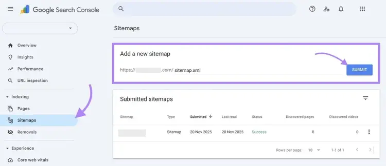 Sitemaps on Google Search Console with the "Add a new sitemap" section highlighted and "Submit" clicked.