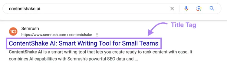 Google search result highlighting Title Tag in blue box