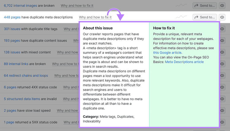 Arrow pointing from Why and how to fix it link to popup with issue details