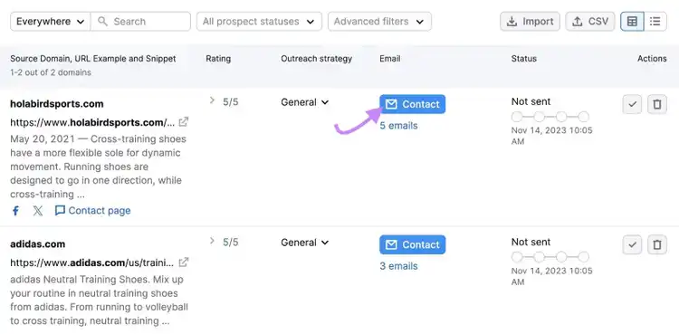 “In Progress” tab in Link Building Tool