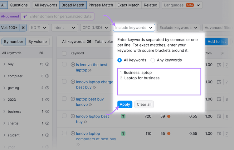 Keyword Magic Tool interface with a light box dialog open on the right, which lists the "Include keywords" feature.