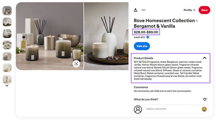 Pinterest product rich Pin example.