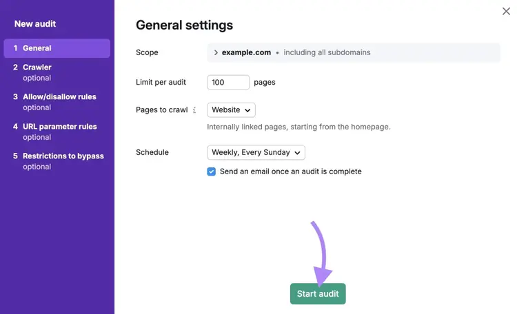Site Audit configuration settings along with "Start audit" clicked.
