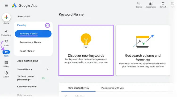 Google Ads Keyword Planner screen with the Discover new keywords option highlighted
