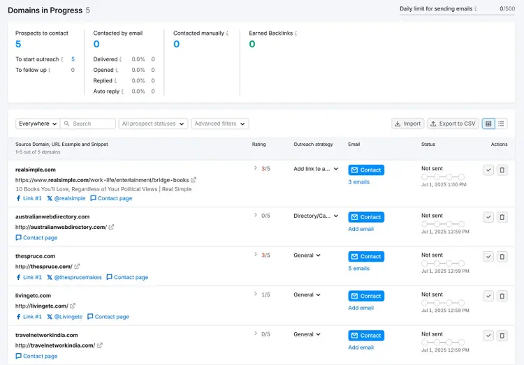 Link Building tool outreach dashboard showing sites being contacted for backlinks with status and emails