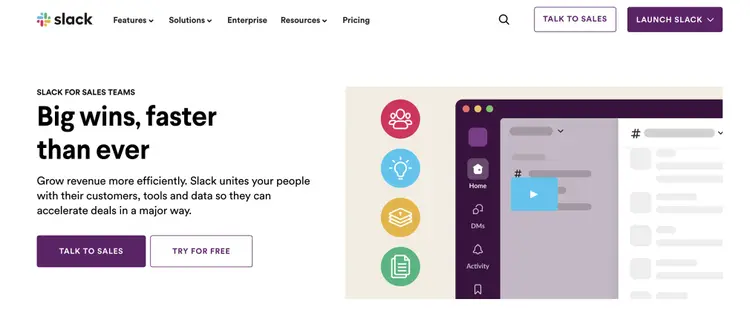 Slack for Sales Teams landing page showing team collaboration features